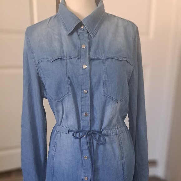 CHOUYATOU Denim Dress Long Sleeve draw string waistband Snap Down XL NWT - Picture 2 of 9